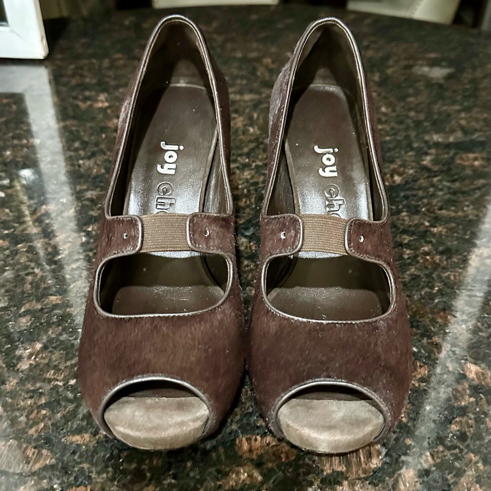 Joy Chen Brown Horse Hair Peep Toe Heels